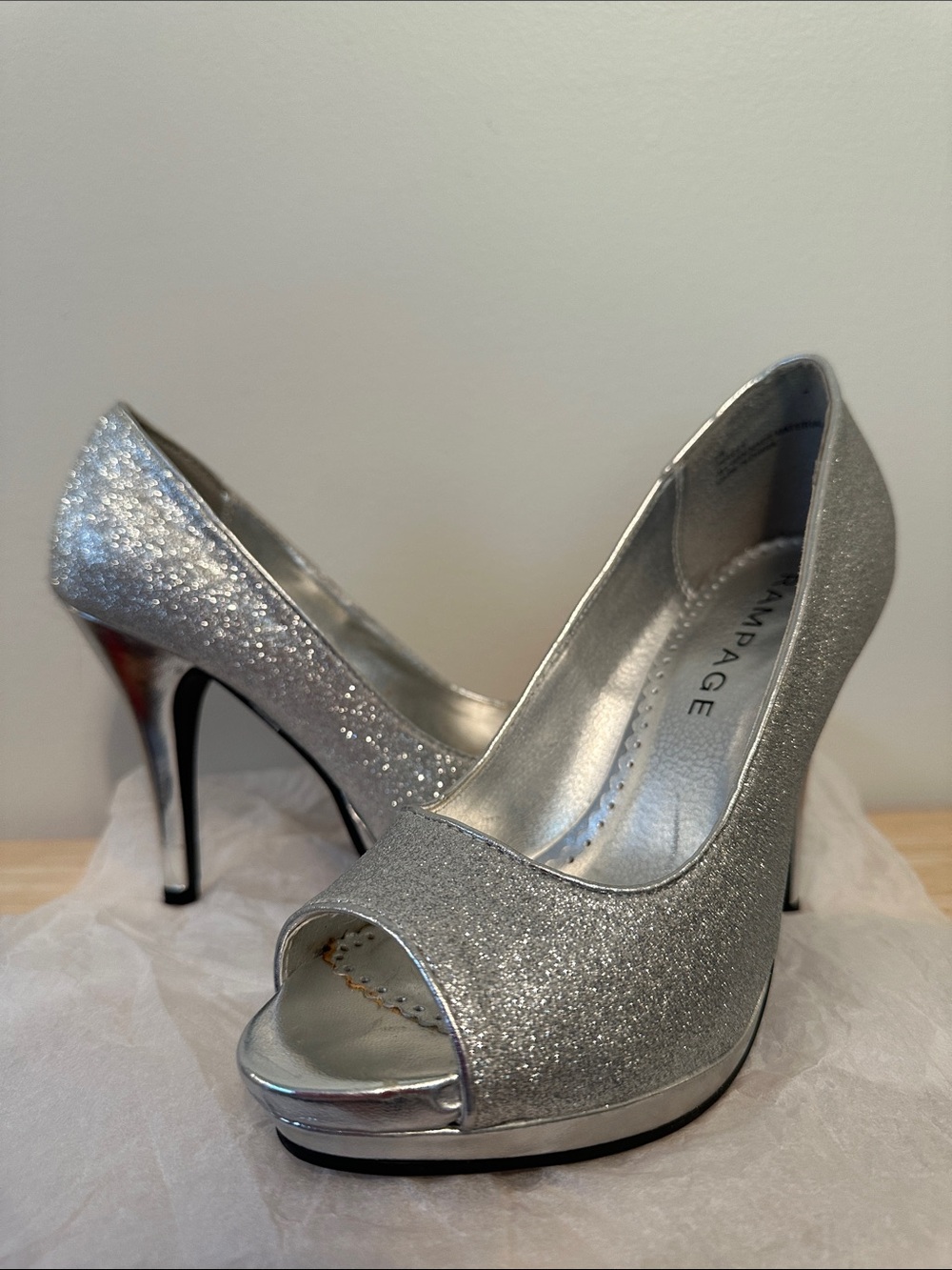 Rampage Silver Glitter Open-Toe Stiletto Heels